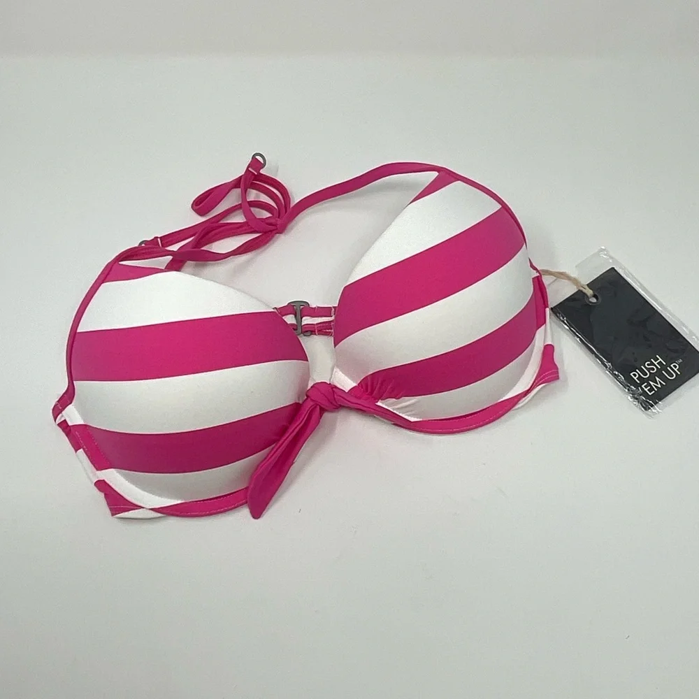 Billy Hicks Push Em Up pink White Stripe Bikini Top Size Large NWT G16